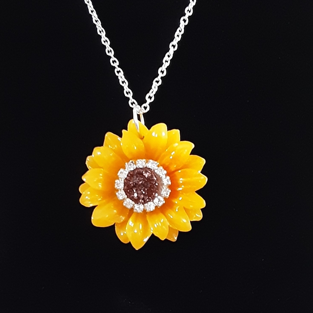 Handmade Sunflower Necklace  Yellow 21" Long Chain